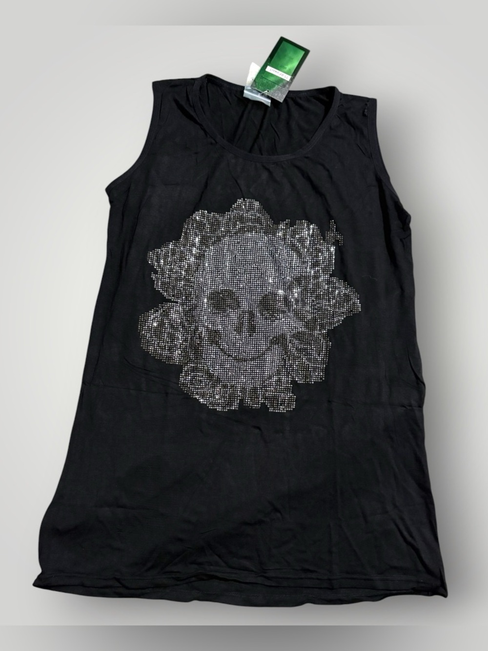 Black Sleeveless Top with Rhinestone Floral Skull Design